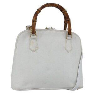 GUCCI Bamboo Hand Bag Leather White Gold Auth ki6188